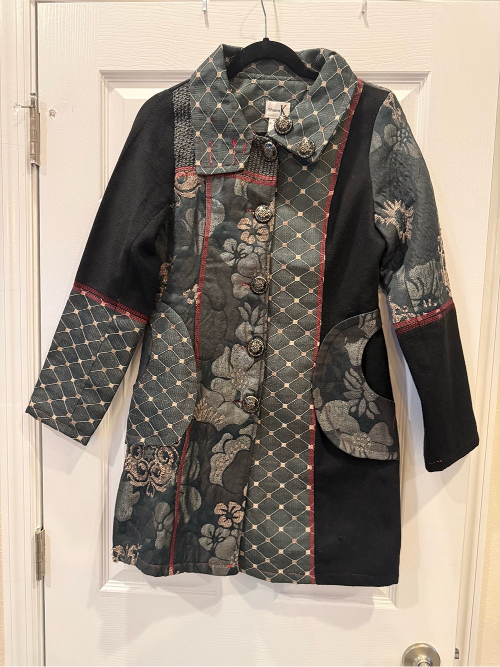 Shana K Black & Gray Patchwork Floral Trench Coat with Red Trim